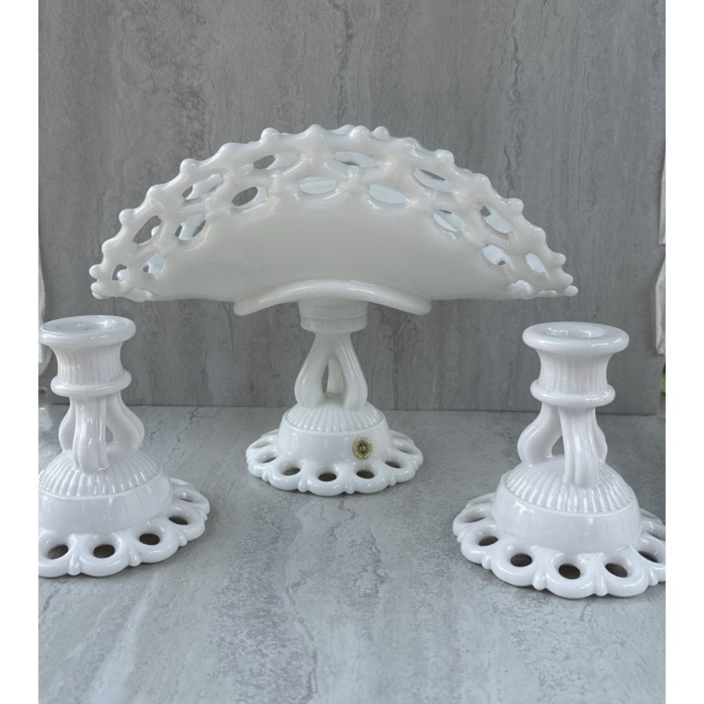 Vtg 3 Pc Set Westmoreland Milk Glass Pedestal Banana Bowl Doric & Candles. #7611